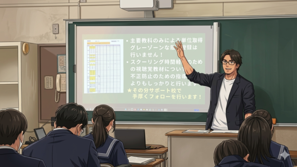 半田中学校にて通信制高校の説明を行う様子